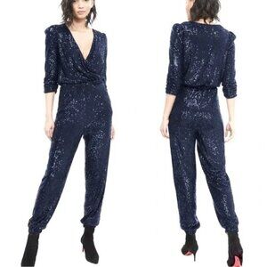 NWT Generation Love Madison Navy Blue Sequin Jumpsuit Stretch X-Small XS Pockets